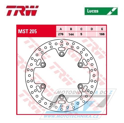 Kotouč brzdový TRW MST205 (276/144/6D) - kulatý design - Daelim Rocket125+VT125 + Honda CBR125R / 04-10+VFR400R+CBR600F+FX650Vigor+VF700 + CBX750+VFR750+XL700V Transalp+PC800Pacific Coast + VF1000 + Triumph Tiger900