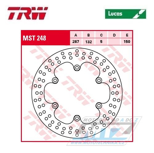 Kotouč brzdový TRW MST248 (267/132/6D) - Yamaha SR125+RD+SR400+XP500+XJ600+SRX600+YX600+XJ650 + FZ750+FZR750+FZX750+XJ750+XV750 Virago + TDM900+XJ900+FZR1000+FZS1000 Fazer+XV1000 Virago+XV1100 Virago + BT1100+XJR1200+XJR1300+XVS1300+MT-01