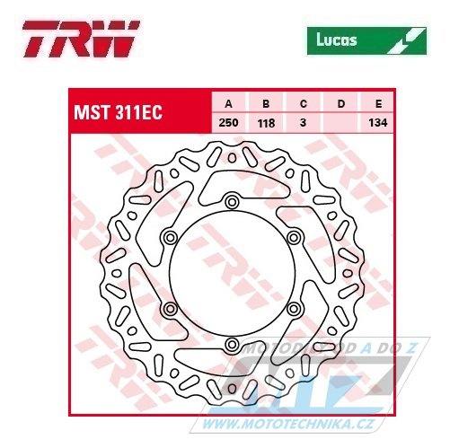 Kotouč brzdový TRW MST311EC (250/118/6D) - Suzuki RM125+RM250+RMX250 + DRZ400S+DRZ400E + Yamaha YZ125+YZ250 / 01-16+YZ250X+YZF250+YZF250X+YZF426+YZF450+YZF450X + WRF250+WR250+WRF426+WRF450