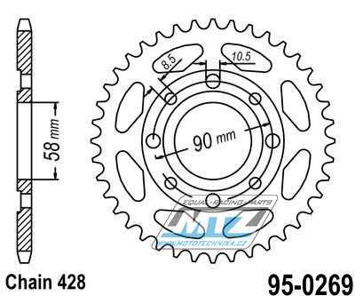 Rozeta ocelov (pevodnk) 0269-45zub MTZ - Honda CG125+CB125+CB175+CBX125 + CM185+CM200+CT125+CT185+CT200+SL125 + XL100+XL125+XL185+XR185 + EZ90Cub + Kymco 125 Pulsar+Spike+Zing+Hipster+Stryker + Daelim VL125+VC125+VS125 + Brixton125 + Yuki 125