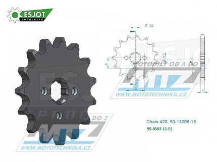 Kolečko řetězové (pastorek) 0563-15zubů ESJOT 50-13005-15 - Yamaha DT50+RD50+DTR50 + Suzuki RM50+RM60+TS50 + GT50+GSXR50 + PV50+OR5+JR50+LT50 + AP50+AC50+ALT50 + RV50+FR50+DR50+ZR50 + R70+R80+M75+S75 + Kawasaki KDX50
