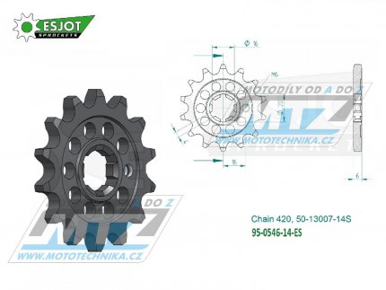Kolečko řetězové (pastorek) 0546-14zubů ESJOT 50-13007-14S - Kawasaki KX60+KX65+KX80+KX85+KX100 + Suzuki RM60+RM65 + Yamaha TTR50+TTR90+TTR110 + DT50+DT80+DT100 + YZ60+PW80 + RD80+BW80+LB80 + YB100+MX100+RT100