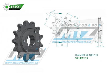 Kolečko řetězové (pastorek) 13017-13zubů ESJOT 50-13017-13 - Derbi 50 Fenix / 96-97 + 50 GPR / 96-99 + 50 Senda L-R / 96-97 + 50 SM Classic Super Motard / 97-99 + Piaggio Zulu / 80-00