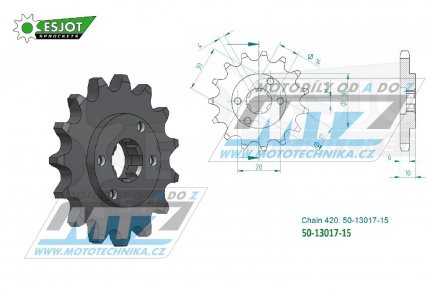 Kolečko řetězové (pastorek) 13017-15zubů ESJOT 50-13017-15 - Derbi 50 Fenix / 96-97 + 50 GPR / 96-99 + 50 Senda L-R / 96-97 + 50 SM Classic Super Motard / 97-99 + Piaggio Zulu / 80-00