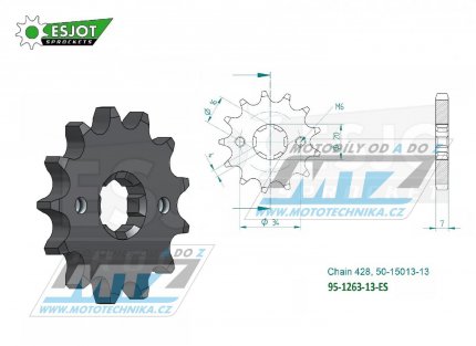 Kolečko řetězové (pastorek) 1263-13zubů ESJOT 50-15013-13 - Yamaha YZ80 + DT100+DT125+DT175 + TZR80+TZR125+SR125 + XT125+XT225+YBR125+AG175+AG200 + Suzuki TF100+TF125+DR125 + Kawasaki KD80+KV175 + Malaguti 125 + Rieju 125 + Honda CT110 + Beta 125+Jin