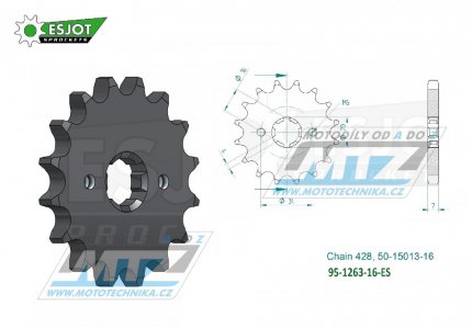 Kolečko řetězové (pastorek) 1263-16zubů ESJOT 50-15013-16 - Yamaha YZ80 + DT100+DT125+DT175 + TZR80+TZR125+SR125 + XT125+XT225+YBR125+AG175+AG200 + Suzuki TF100+TF125+DR125 + Kawasaki KD80+KV175 + Malaguti 125 + Rieju 125 + Honda CT110 + Beta 125+Jin