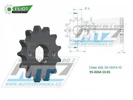 Kolečko řetězové (pastorek) 0264-13zubů ESJOT 50-15014-13 - Honda C90Z + CE90 + CBZ125 + EZ90 Cub + CB175K + XLR250R3 + XLR250 Baja + XLR250R + Kymco 125 Pulsar + 125 STR + Gilera 125 Cougar + Yamaha DT125Z + DT200R + Derbi 125 Senda