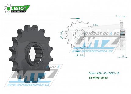 Kolečko řetězové (pastorek) 0409-16zubů ESJOT 50-15021-16 - Kawasaki KLX125A + KLX125L + Suzuki DRZ125 + DRZ125L + DR125S Raider + DR125 + DR125SE