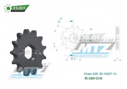 Koleko etzov (pastorek) 1264-13zub ESJOT 50-15027-13 - Daytona 50 Sonic+125 Senda Baja + Honda CBZ125F+CB125F+CB125R+CBR125R+CBF125M+CLR125R+XR125L + Kymco 125 Quannon+125 Zing II