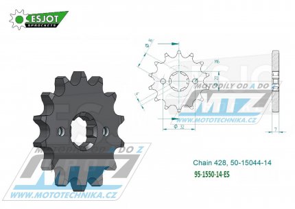 Kolečko řetězové (pastorek) 1550-14zubů ESJOT 50-15044-14 - Yamaha MT125+WR125R+WR125X + YZF-R125+YZFR125 + FZ-16+DT80 + Beta 125RE+125RR+125SM + Husqvarna SMS 125 + SMR125+TE125 + Motor Hispania 125 Duna + Rieju 125 Marathon