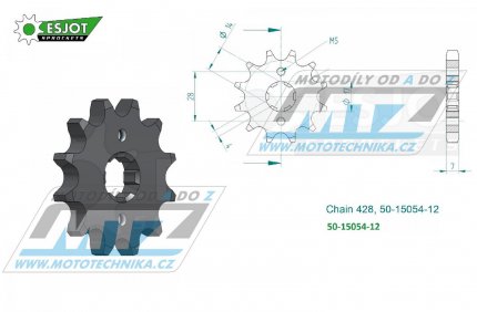 Kolečko řetězové (pastorek) 15054-12zubů ESJOT 50-15054-12  - Kawasaki KLX125 / 10-14 + Suzuki FL125 / 07-09 + Benelli TNT125 / 17-21 + Mash 50 Fifty / 16