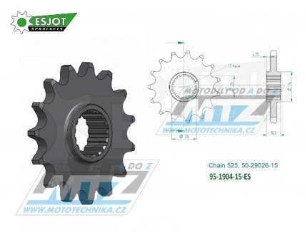 Kolečko řetězové (pastorek) 1904-15zubů ESJOT 50-29026-15 - KTM 950 LC8 Adventure + 950 LC8 Supermoto + 990 Adventure + 990SM + 1050 Adventure + 1090 Adventure + 1190RC8 + 1190 Adventure + 1290 Superadventure + 1290 Superduke