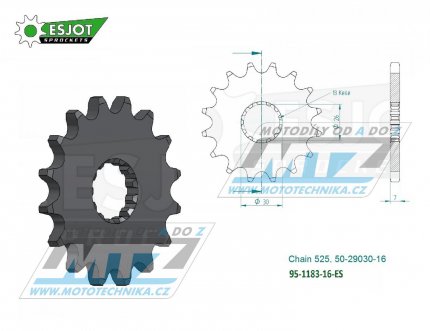 Kolečko řetězové (pastorek) 1183-16zubů ESJOT 50-29030-16 - Triumph 800 America + 800 Bonneville + 800 Speedmaster + 865 America + 865 Bonneville + 865 Scrambler + 865 Speedmaster + 865 Thruxton