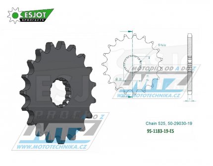 Kolečko řetězové (pastorek) 1183-19zubů ESJOT 50-29030-19 - Triumph 800 America + 800 Bonneville + 800 Speedmaster + 865 America + 865 Bonneville + 865 Scrambler + 865 Speedmaster + 865 Thruxton