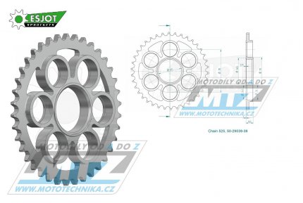 Rozeta ocelov (pevodnk) 29039-38zub ESJOT 50-29039-38 - Ducati 1098R / 07-09 + 1098S / 07-10 + 1098 Streetfighter S & USA / 09-13 + 1198R Corse SE / 10-12 +1200 Diavel (ABS) / 11-18	 + 1260 Diavel ABS (All, Lamborghini etc.) / 18-21