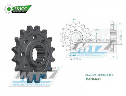 Kolečko řetězové (pastorek) 0749-16zubů ESJOT 50-29048-16S - Ducati 1103 Streetfighter + 1199 Panigale + 1199 Superleggeria + 1299 Panigale + 1103 Panigale