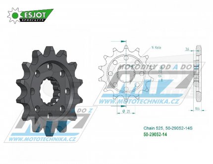Kolečko řetězové (pastorek) 29052-14zubů ESJOT 50-29052-14S - MV Agusta 1000F4 R / 13-19 + 1090 Brutale / 13-18 + 920 Brutale / 11-12