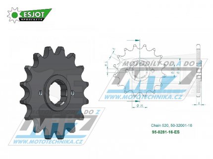 Kolečko řetězové (pastorek) 0281-16zubů ESJOT 50-32001-16 - Honda XR250R+XR500R+XR600R + XR500S + XL400R+XL500R+XL600R + XL250R+XL400S+XL500S + XL600LM+XL600RM + CB250R+CL250+MVX250