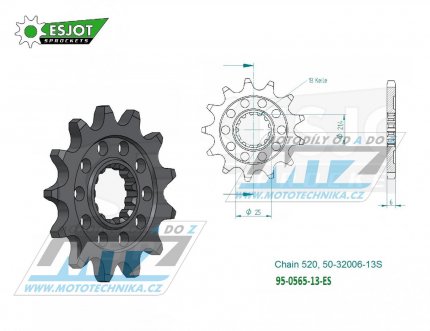 Kolečko řetězové (pastorek) 0565-13zubů ESJOT 50-32006-13S - Yamaha YZ250+YZF450+YZF400+YZF426 + WRF400+WRF426+WRF450 + TDR250+TRZ250+TT500+XT500 + MT03-YZF-R3+YZF-R25 + YFZ450+YFM660R Raptor + Kawasaki ER6F+ER6N+W800+Z650 + KLE650 Versys+EX650 Ninja