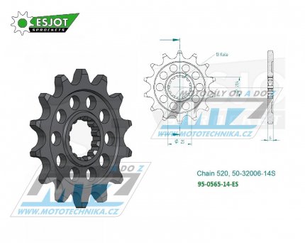 Kolečko řetězové (pastorek) 0565-14zubů ESJOT 50-32006-14S - Yamaha YZ250+YZF450+YZF400+YZF426 + WRF400+WRF426+WRF450 + TDR250+TRZ250+TT500+XT500 + MT03-YZF-R3+YZF-R25 + YFZ450+YFM660R Raptor + Kawasaki ER6F+ER6N+W800+Z650 + KLE650 Versys+EX650 Ninja