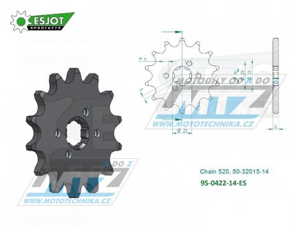 Kolečko řetězové (pastorek) 0422-14zubů ESJOT 50-32015-14 - Cagiva 125 Enduro + 125WMX + Kawasaki KX125 + KDX175 + Suzuki DS185 + TC125 + TSR125 + TF185 + TS185 + GT200EX + SB200 + Yamaha YZ100 + YZ125 + BW350 + IT175