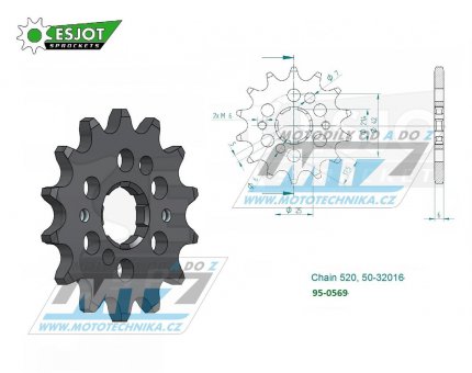 Kolečko řetězové (pastorek) 0569-19zubů ESJOT 50-32016-19S - Yamaha YZ250+YZ465+YZ490 + WR250+XT250+DT250+DT400 + SR250+RZ250+RZ350 + TY250+TY300+TY350 + RD350YPVS+YFM350 Warrior+Raptor+Banshee + Kawasaki KX250+KX500 + KLX250+KLX300+KDX200+KDX220+KDX