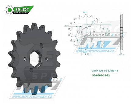 Koleko etzov (pastorek) 0569-18zub ESJOT 50-32016-18 - Yamaha YZ250+YZ465+YZ490 + WR250+XT250+DT250+DT400 + SR250+RZ250+RZ350 + TY250+TY300+TY350 + RD350YPVS+YFM350 Warrior+Raptor+Banshee + Kawasaki KX250+KX500 + KLX250+KLX300+KDX200+KDX220+KDX2