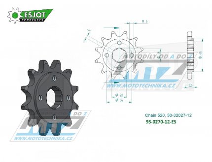 Kolečko řetězové (pastorek) 0270-12zubů  ESJOT 50-32027-12 - Honda CA125Rebel + CB250 Night Hawk + CBX250+CM250+CMX250 + CMX250 Rebel + Derbi 250DXR + Kreidler Mustang + Yuki 250