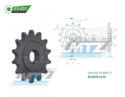 Kolečko řetězové (pastorek) 0270-14zubů  ESJOT 50-32027-14 - Honda CA125Rebel + CB250 Night Hawk + CBX250+CM250+CMX250 + CMX250 Rebel + Derbi 250DXR + Kreidler Mustang + Yuki 250