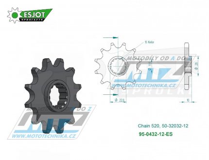 Kolečko řetězové (pastorek) 0432-12zubů ESJOT 50-32032-12 - Suzuki RM250+RMX250 + DRZ400+DRZ400SM + DR250+DR350+DR200+DRZ250 + TS250+SP200+RGV250 + LT250R Quadracer + Kawasaki KLX400 + Beta 350 Jonathan+400 Alp + AJP PR5+SPR250