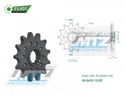 Kolečko řetězové (pastorek) 0432-13zubů ESJOT 50-32032-13S - Suzuki RM250+RMX250 + DRZ400+DRZ400SM + DR250+DR350+DR200+DRZ250 + TS250+SP200+RGV250 + LT250R Quadracer + Kawasaki KLX400 + Beta 350 Jonathan+400 Alp + AJP PR5+SPR250
