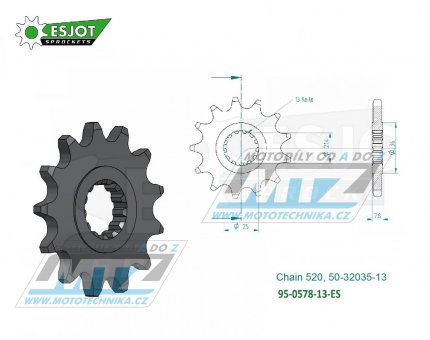 Kolečko řetězové (pastorek) 0578-13zubů ESJOT 50-32035-13 - Yamaha FZR400 Genesis + FZR400RR EXUP + FZR400SP + SR500 + XTZ750
