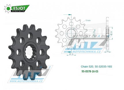 Kolečko řetězové (pastorek) 0578-16zubů ESJOT 50-32035-16S - Yamaha FZR400 Genesis + FZR400RR EXUP + FZR400SP + SR500 + XTZ750