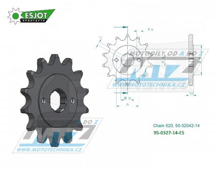 Kolečko řetězové (pastorek) 0327-14zubů ESJOT 50-32042-14 - Honda CRM125 + NSR125R + VT125C Shadow + XL125V Varadero + CRF150F + CRF230F + XR250R + CBX250H + XR250L + NSR125R + Kymco 50MXer + 50MXU