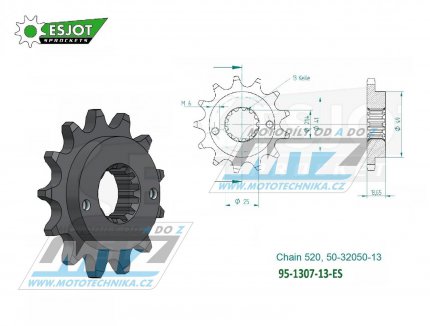 Kolečko řetězové (pastorek) 1307-13zubů ESJOT 50-32050-13 - Honda XR650R + Kawasaki ZX6R Ninja + ZX6RR Ninja