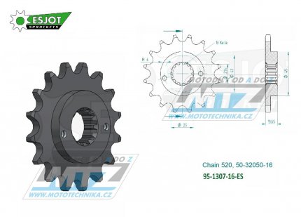 Kolečko řetězové (pastorek) 1307-16zubů ESJOT 50-32050-16 - Honda XR650R + Kawasaki ZX6R Ninja + ZX6RR Ninja