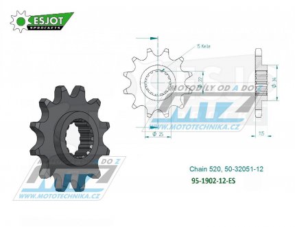 Kolečko řetězové (pastorek) 1902-12zubů ESJOT 50-32051-12 - KTM LC4 350+400+600+620+625+640 + 400+620+640 Duke + 625+660 SMC + 690 Enduro+690Duke+690SMC + 790+890 Adventure + 790+890 Duke + Husqvarna 701 Enduro+Supermoto + 701 Svartpilen+Vitpilen
