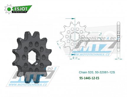 Kolečko řetězové (pastorek) 1445-12zubů ESJOT 50-32061-12S - Kawasaki KX125 / 94-08 + Suzuki LT250E+LT250F