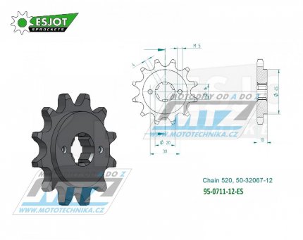 Kolečko řetězové (pastorek) 0711-12zubů ESJOT 50-32067-12 - Cagiva 125 Aletta Oro + 125 Cruiser + 125 Super City + 125 Tamanaco + 125 Blues Custom + 125 Freccia +125 K7 + 125 Planet + 125 Mito + 125 N90 + 125 N1 + 125 Raptor + 125 W8