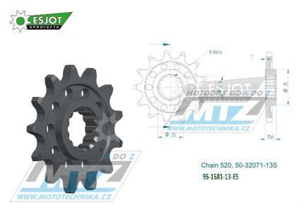 Kolečko řetězové (pastorek) 1581-13zubů ESJOT 50-32071-13S - Yamaha FZ6 + FZ6 Fazer + FZ6 S2 + YZF R6 + YZF750R + YZFR7