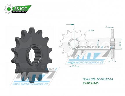 Koleko etzov (pastorek) 0715-14zub ESJOT 50-32112-14 - Gas-Gas EC200+EC250+EC300 + ECF400+ECF450+EC515 + FSE400+FSE450+SM400+SM450+SM515 + Rieju MR200+MR250+MR300