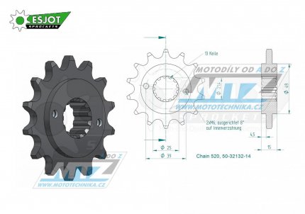 Koleko etzov (pastorek) 1042-14zub ESJOT 50-32132-14 - Kymco 250KXR+250KXU / 02-13 + 250MXU / 05-15 + 300 Maxxer / 05-16