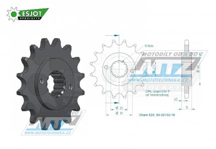 Koleko etzov (pastorek) 1042-16zub ESJOT 50-32132-16 - Kymco 250KXR+250KXU / 02-13 + 250MXU / 05-15 + 300 Maxxer / 05-16
