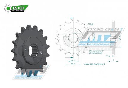 Kolečko řetězové (pastorek) 1042-17zubů ESJOT 50-32132-17 - Kymco 250KXR+250KXU / 02-13 + 250MXU / 05-15 + 300 Maxxer / 05-16