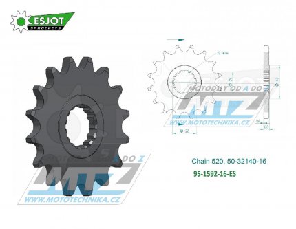 Kolečko řetězové (pastorek) 1592-16zubů ESJOT 50-32140-16 - Yamaha YFZ450R+YFZ450X + YFM700R + YFM700 Raptor