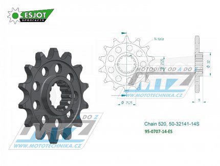 Kolečko řetězové (pastorek) 0707-14zubů ESJOT 50-32141-14S - Aprilia 450MXV + 450RXV+550RXV + 450SXV+550SXV + AJP PR7 650 Adventure + SWM SM500R+650RS