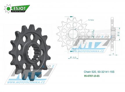 Kolečko řetězové (pastorek) 0707-15zubů ESJOT 50-32141-15S - Aprilia 450MXV + 450RXV+550RXV + 450SXV+550SXV + AJP PR7 650 Adventure + SWM SM500R+650RS