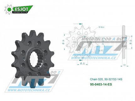 Kolečko řetězové (pastorek) 0403-14zubů ESJOT 50-32152-14S - BMW G450X + BMW G450X Street Legal + Husqvarna 449SMR + 449TC + 449TE + 511SMR + 511TE
