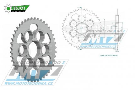 Rozeta ocelov (pevodnk) 32160-44zub ESJOT 50-32160-44 - Ducati SuperSport 937 (S) / 17-22 + Panigale 955 V2 / 20-22 + Streetfighter 955 V2 / 22-23