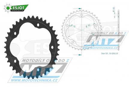 Rozeta ocelov (pevodnk) 32162-39zub ESJOT 50-32162-39 - MV Agusta Brutale 675 / 12-17 + F3 675 ABS 520 Conversion / 18-20